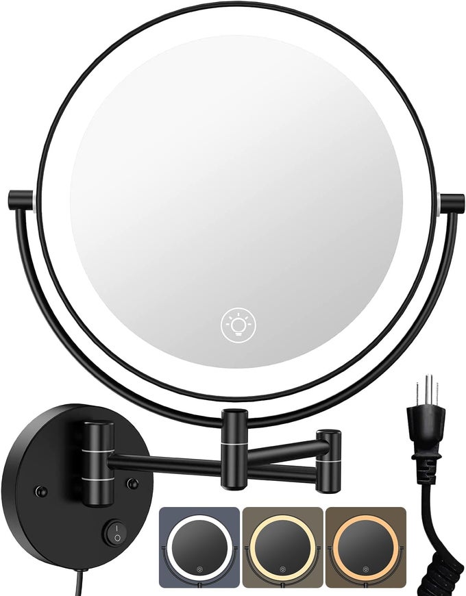 9 LARGE WALL MOUNTED LIGHTED MAKEUP MIRROR 1X10X MAGNIFYING DOUBLESIDED AC PULGIN POWERED BATHROOM MIRROR WITH 3 COLOR LIGHTS TOUCH DIMMABLE EXTENDED ARM 360 ROTATION BLACK