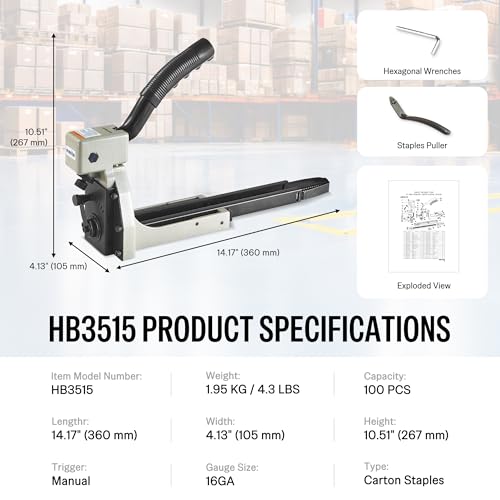 meite Box Stapler HB3515 Manual Carton Closer 16 Gauge Heavy Duty Staple Gun for Corrugated Case Packaging, Depth Dial for 1-8mm Cardboard, Accepts 1-3/8" Crown 5/8" Leg Staples, No Air Needed - Image 2