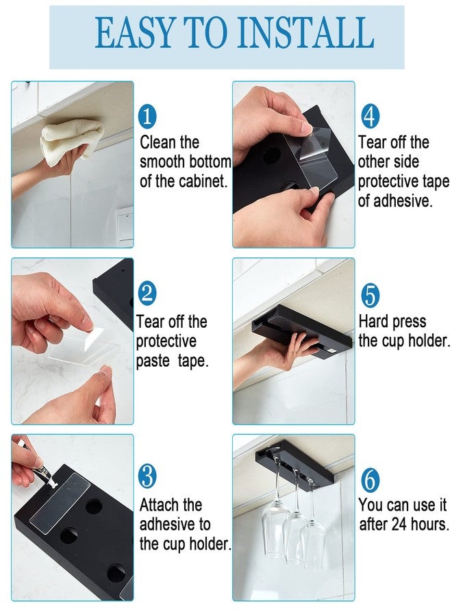 رتيري رف أكواب نبيذ من ريتيري، 6 قطع، يُعلق أسفل الخزانة، 10 × 4.3 × 0.8 بوصة، حامل بلاستيكي، يُعلق أسفل الرف، لا يحتاج إلى ثقب، رف معلق لأكواب النبيذ، منظم أكواب المطبخ والبار (أسود) - Image 3