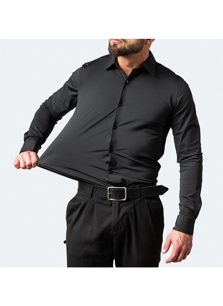 Generic - Stretch Non-Iron Anti-Wrinkle Shirt, Men Long Sleeve Button Wrinkle Free Slim Fit Business Shirt Black - Image 1