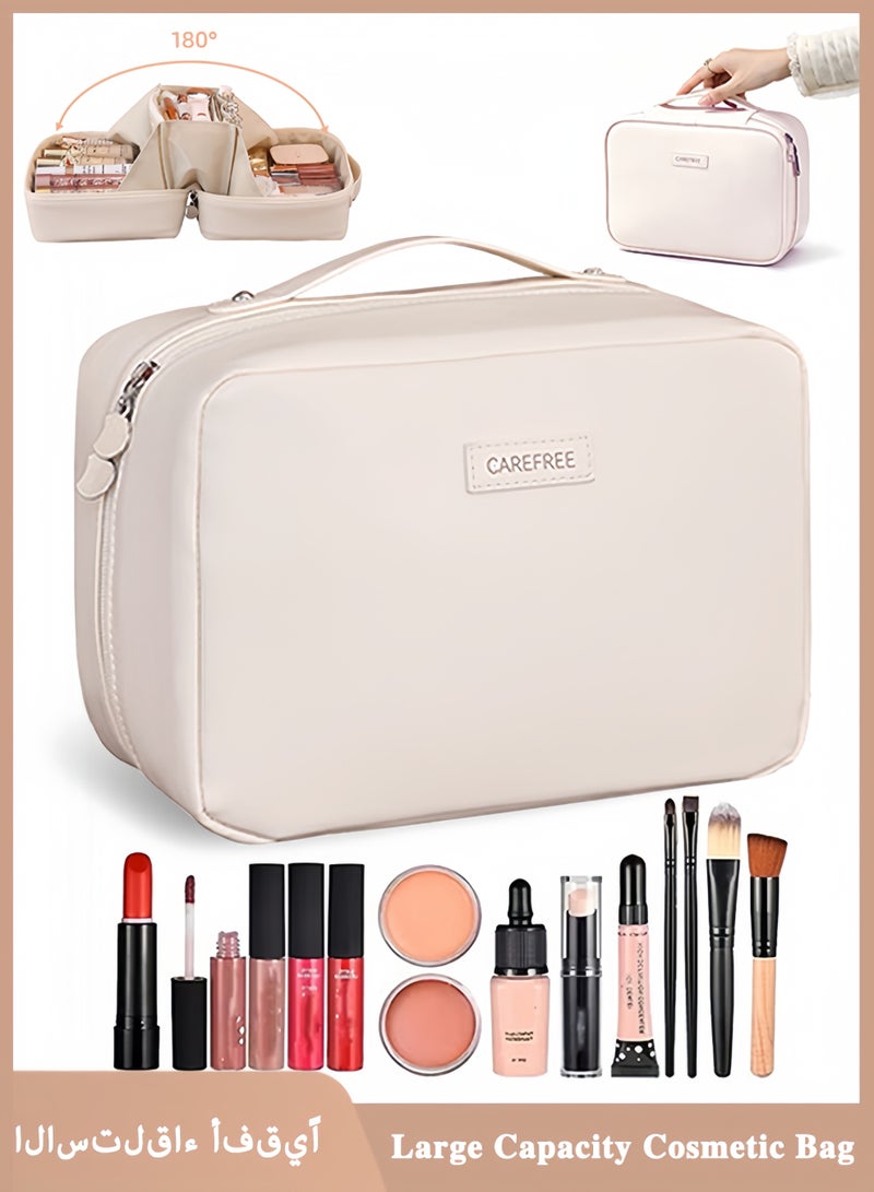 Carefree Travel Makeup Bag Gift for Women, Soft PU Leather Cosmetic Bags, Waterproof Toiletry Bag, Portable Wide Open Pouch, Travel Cosmetic Bag with Divider and Handle, Medium, Pink - Image 1