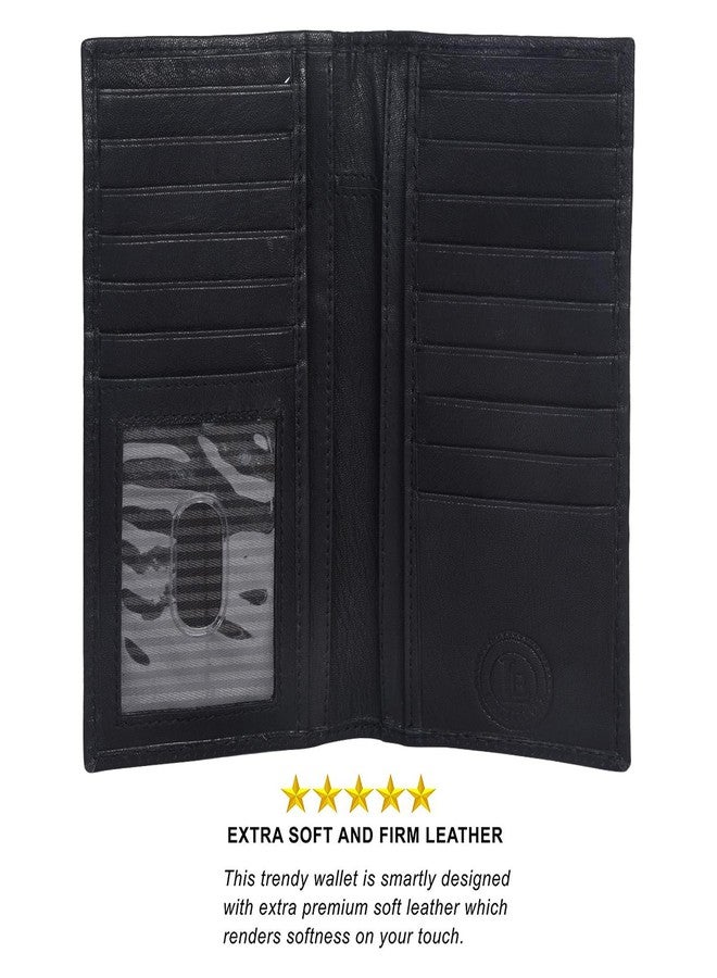 LB LEATHERBOSS Leatherboss Men's Genuine Leather Long Bifold Wallet | Card Holder Clutch with 6 Card Slots, ID Window, Cash & Checkbook Compartment (Black) - Image 3