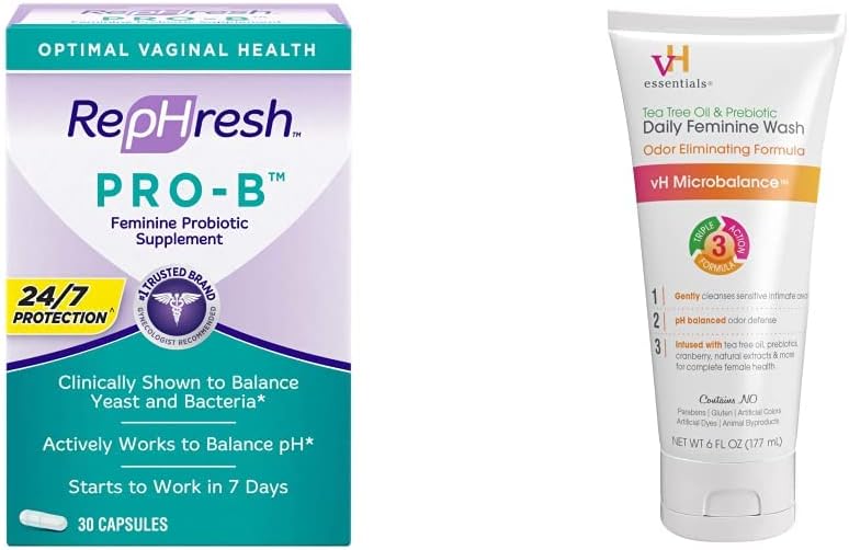 RepHresh ProB Probiotic Supplement for Women 30 Capsules and vH essentials Ph Balanced Daily Feminine Wash 6 Fl Oz - Image 1
