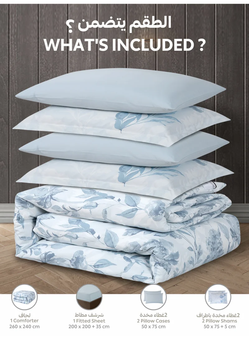 Doona Printed 6-Pcs King Comforter Bedding Set Fits 200x200cm -Includes Comforter, Fitted Sheet, Pillow Shams &amp; Pillowcases – Soft Microfiber Fabric with Soft 350 GSm Filling