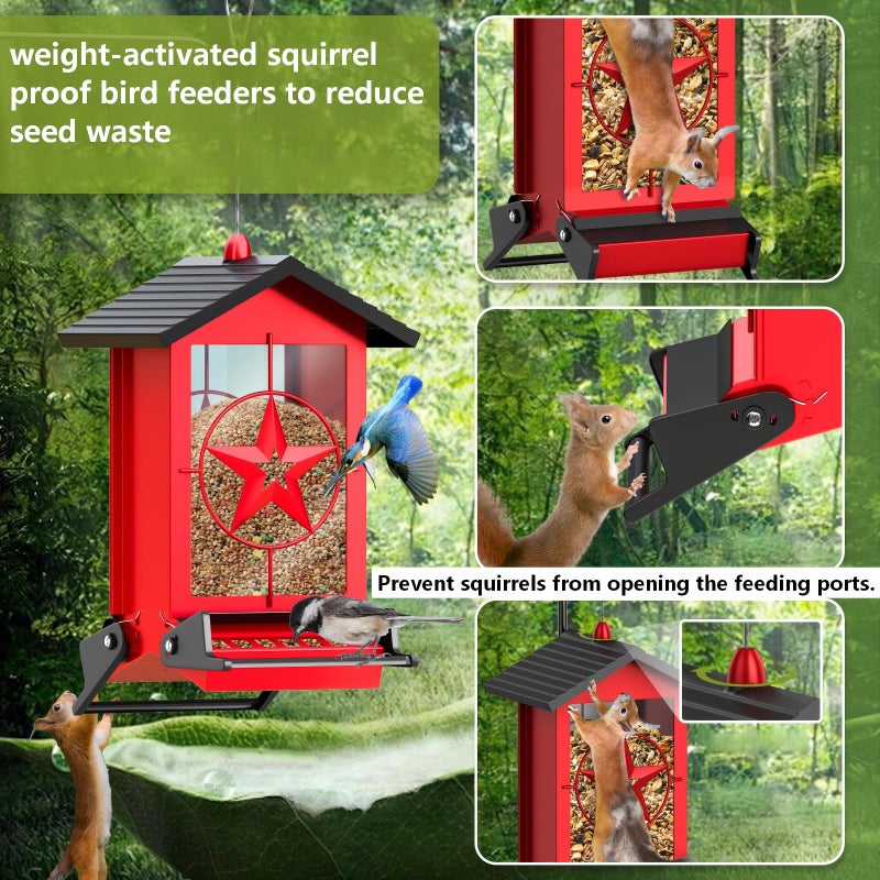 Buteafly Squirrel Proof Bird Feeders for Outdoors With Weight-Activated, Metal 5LB Large Wild Bird Feeders for Cardinals,Blue jay,Finch, Weatherproof Durable Hanging Bird Feeder for Backyard,Garden,Patio - Red - Image 2