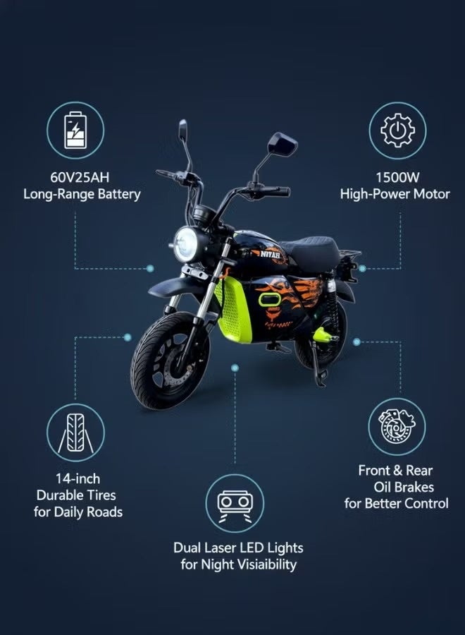 سكوتر كهربائي للكبار ببطارية 60V25AH وقوة 1500W مع كفرات عريضة 14 إنش وإنارات ليزر مزدوجة وفرامل زيت - Image 2