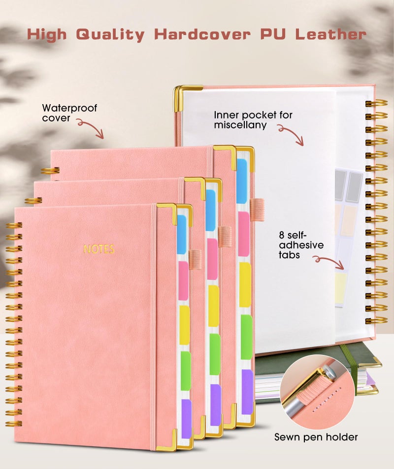 dilitego Hardcover Spiral Notebook 8.5"x11" Journal with Removable Dividers Tabs, 300 Pages Leather 5 Subject Notebook College Ruled, Large A4 Notebooks for Work School, Lined Journal for Women, A4 Pink - Image 2