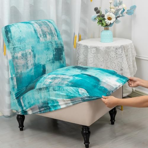 Iauddy Armless Accent Slipper Chair Cover Slipcover,Stretch Spandex Jacquard Fabric Small Checks,Non-Slip Sofa Couch Cover Furniture Protector (Turquoise, 1) - Image 2