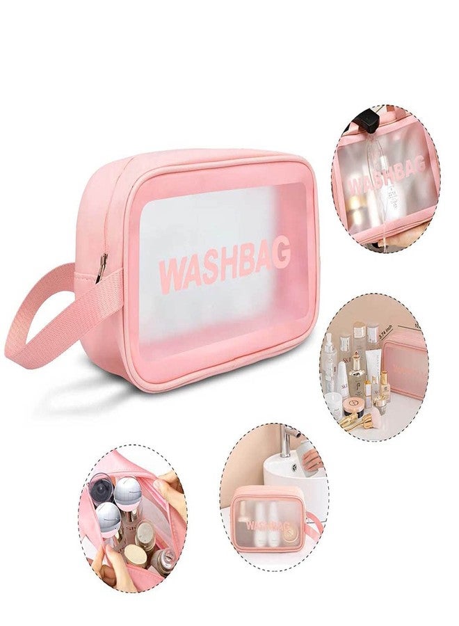Flywind Clear Toiletry Bag || Wash Make Up Bag || PVC Waterproof Zippered || Cosmetic Bag, Portable Carry Pouch for Women Men (Pink Medium) - Image 2