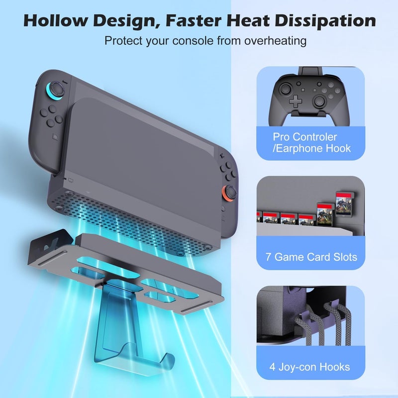 زوني حامل حائط معدني من لجهاز Nintendo Switch 2 لعام 2025، طقم قاعدة رف منظم لـ Switch 2 خلف التلفاز، إكسسوارات Switch 2 مع 7 فتحات للبطاقات و4 حاملات لـ Joy-Con، متوافق مع Switch 2/OLED/Switch - Image 2
