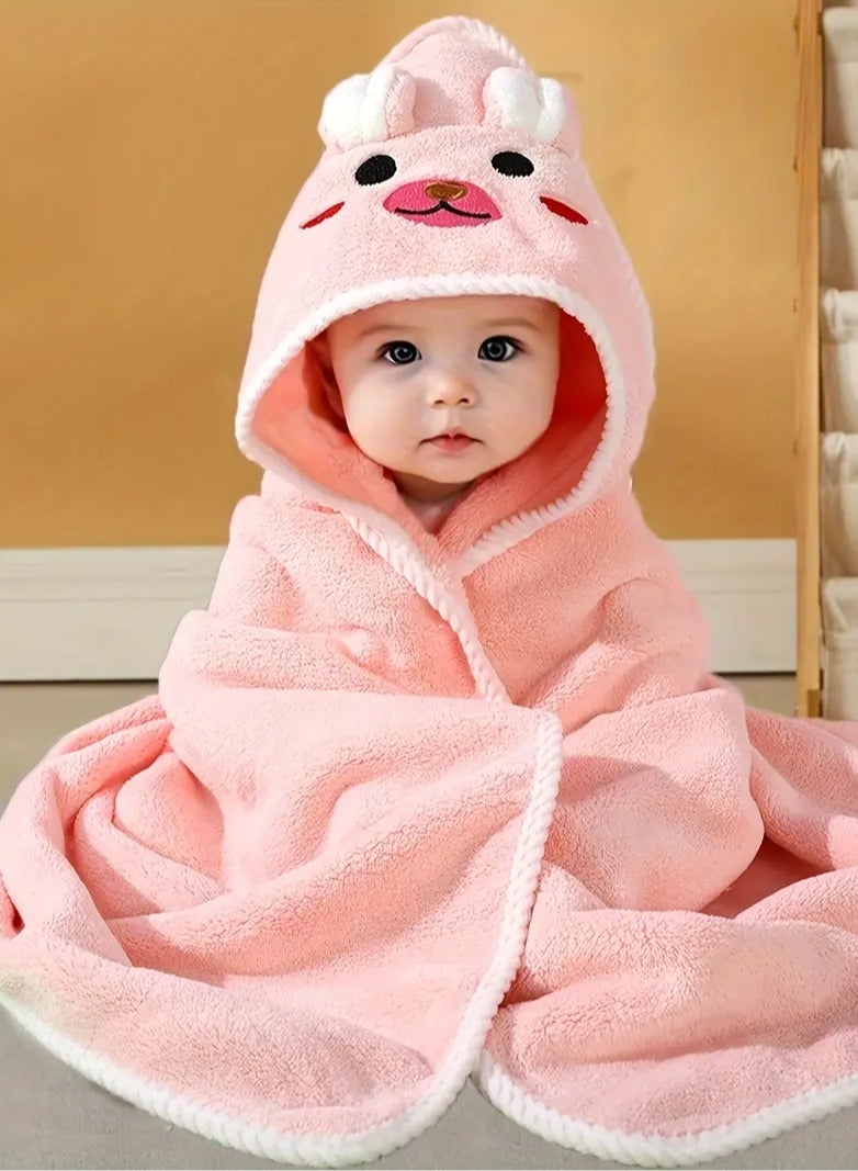 Hooded Baby Bath Towel with Animal Pattern – Soft & Highly Absorbent Cotton Bathrobe for Newborns & Toddlers, Multi-functional After Bath, Swimming, or Beach Use,Pink  - Image 1