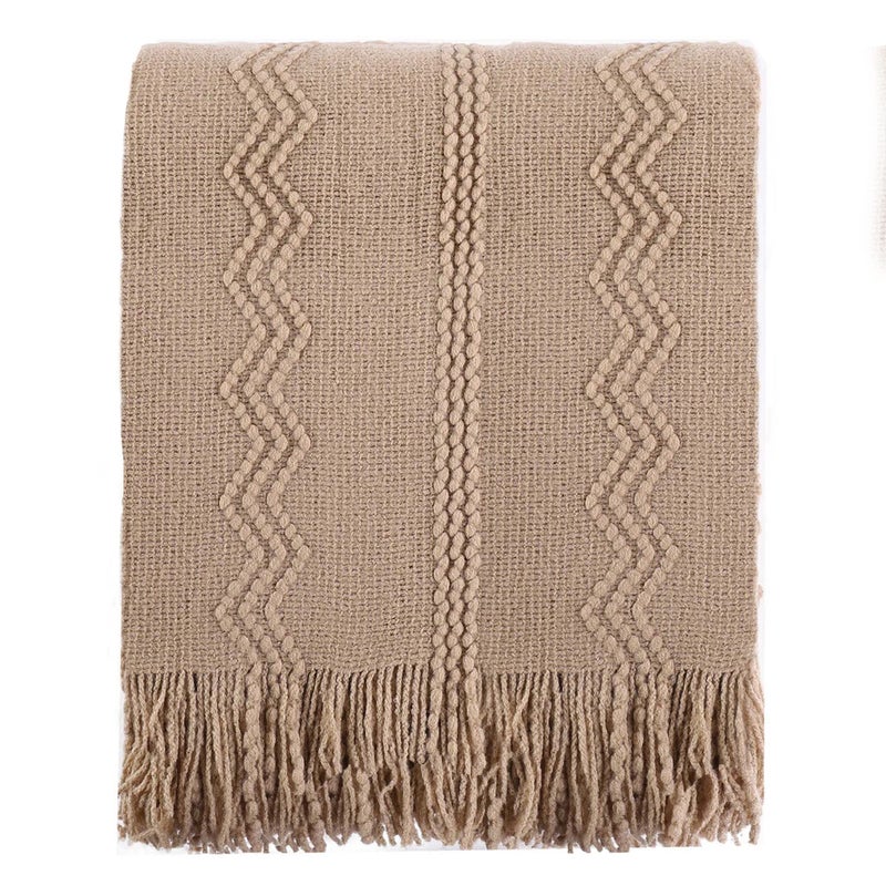 BATTILO HOME Tan Throw Blanket for Bed Boho Decorative Couch Taupe Home Decor 50x60