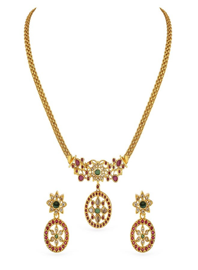 Rubans 18K Gold-Plated Floral Design Necklace Set with Ruby Pink & Emerald Green Stones for Women & Girls - Perfect for Bridal Looks, Festive Styling & Traditional Celebrations - Image 1