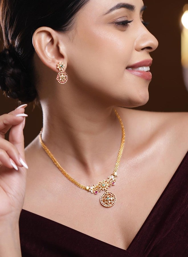 Rubans 18K Gold-Plated Floral Design Necklace Set with Ruby Pink & Emerald Green Stones for Women & Girls - Perfect for Bridal Looks, Festive Styling & Traditional Celebrations - Image 2