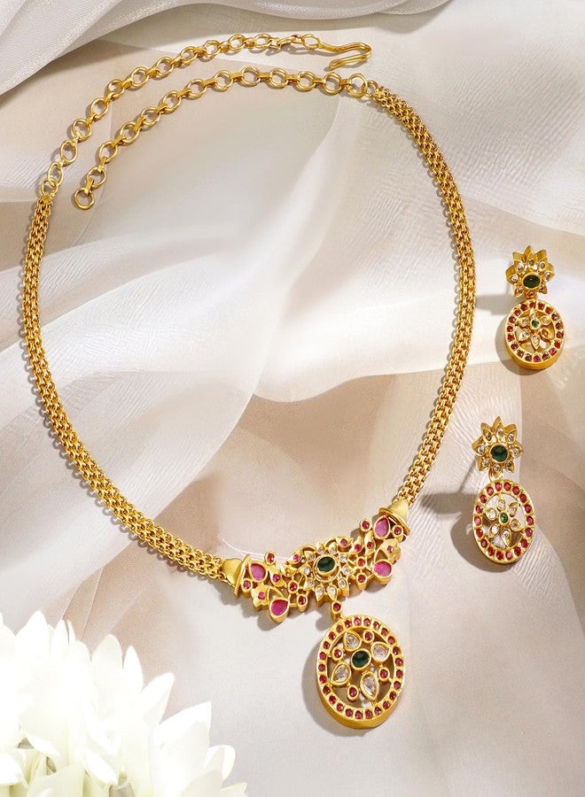 Rubans 18K Gold-Plated Floral Design Necklace Set with Ruby Pink & Emerald Green Stones for Women & Girls - Perfect for Bridal Looks, Festive Styling & Traditional Celebrations - Image 4