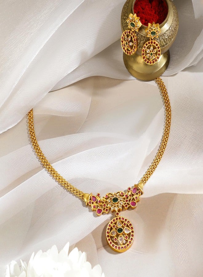 Rubans 18K Gold-Plated Floral Design Necklace Set with Ruby Pink & Emerald Green Stones for Women & Girls - Perfect for Bridal Looks, Festive Styling & Traditional Celebrations - Image 3