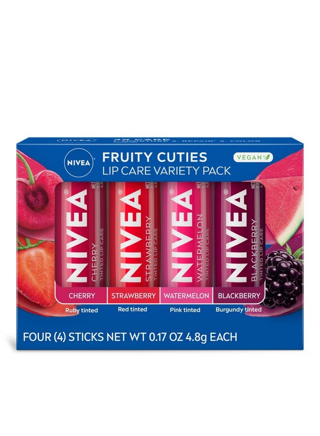 NIVEA Lip Care, Fruity Tinted Lip Balm Variety Pack, Cherry, Strawberry, Blackberry and Watermelon Scents, 3-in-1 Moisture, Repair (for Dry Lips) and Color, 0.17 Oz Stick, Pack of 4 - Image 1