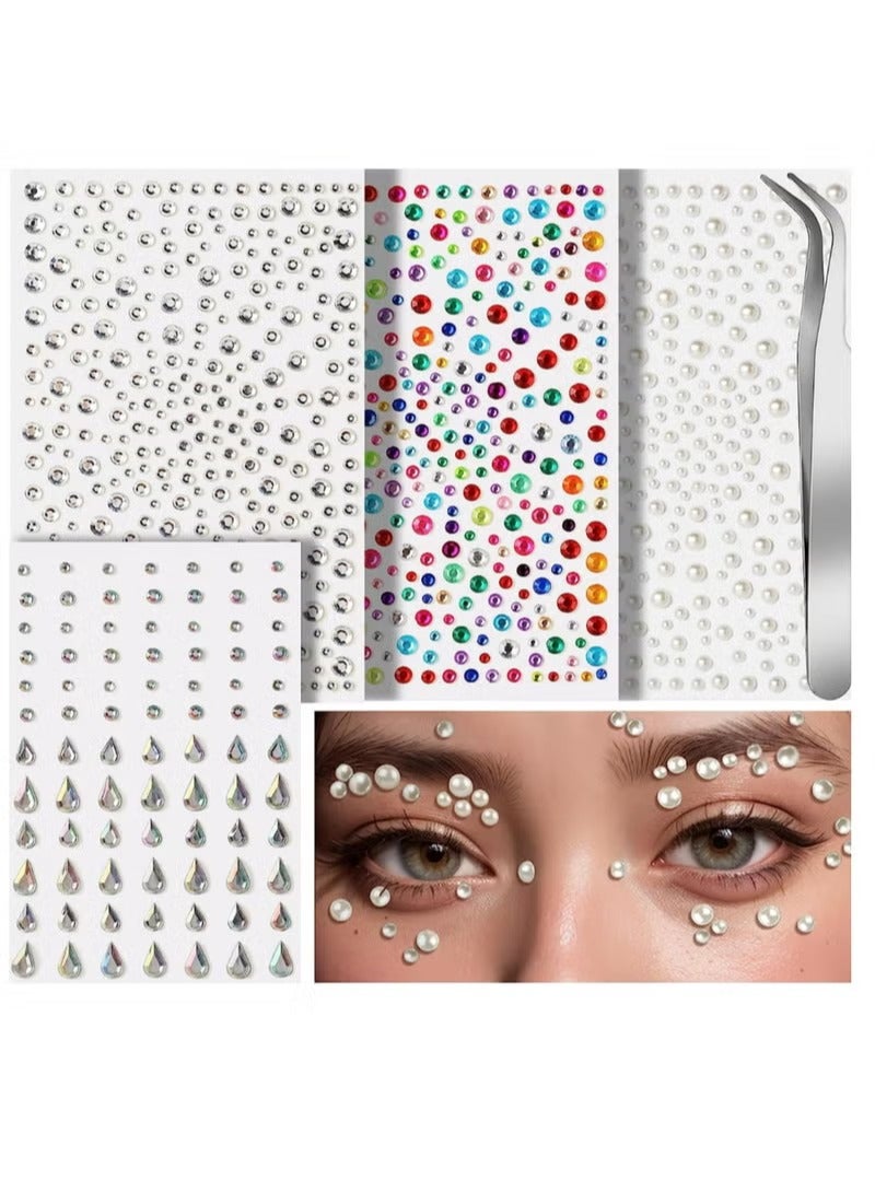 4-Sheet Face Gems Self Adhesive Face Rhinestones for Makeup Festival Face Jewels, Stick On Pearls Hair Gems, Pearl Rhinestones Stickers for Face, Hair, Eye, Makeup, Nail - Image 1