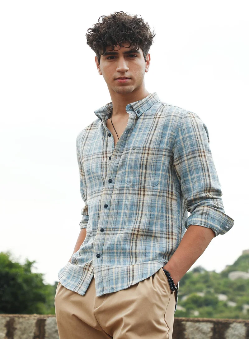 CAHOOT  Men's Sky Blue Tartan-Woven Regular Shirt for Men | Best Price UAE