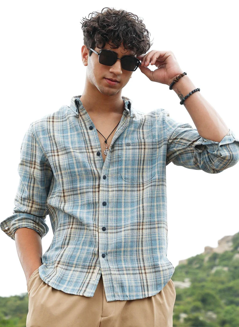 Campus Sutra Men's Sky Blue Tartan-Woven Regular Shirt | Button-Down Collar , Long Sleeve Cuffed Sleeves , Button Closure | Plaid Plaid | Cotton-Blend Shirt For Casual Wear