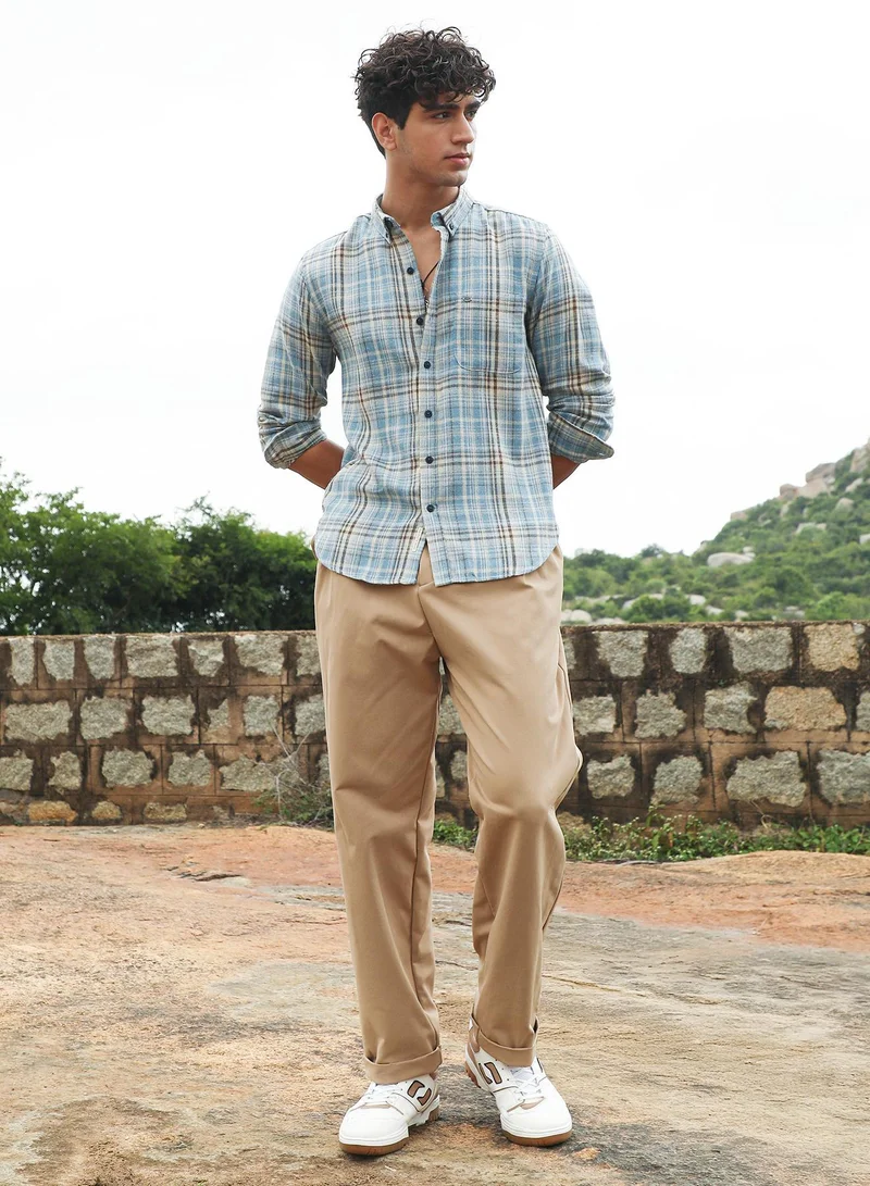 CAHOOT  Men's Sky Blue Tartan-Woven Regular Shirt for Men | Best Price UAE