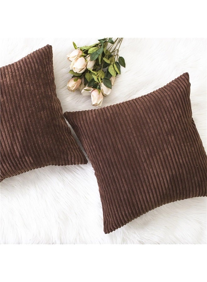 Generic Throw Pillow Covers 18x18 Set of 2 Solid Plush Corduroy Striped Square Cushion Covers Bed Decor, 18x18 inch, Brown - Image 1