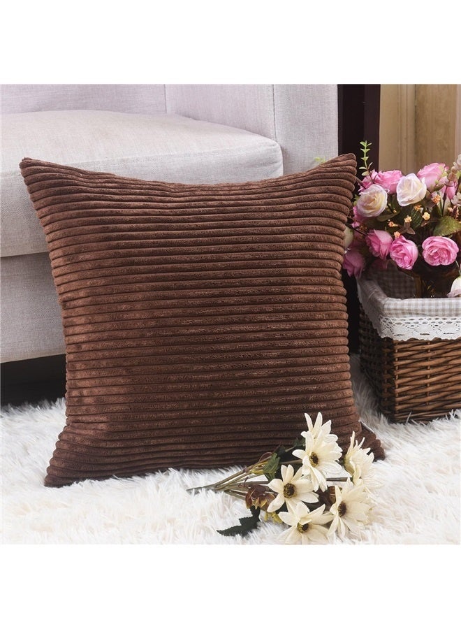 Generic Throw Pillow Covers 18x18 Set of 2 Solid Plush Corduroy Striped Square Cushion Covers Bed Decor, 18x18 inch, Brown - Image 3