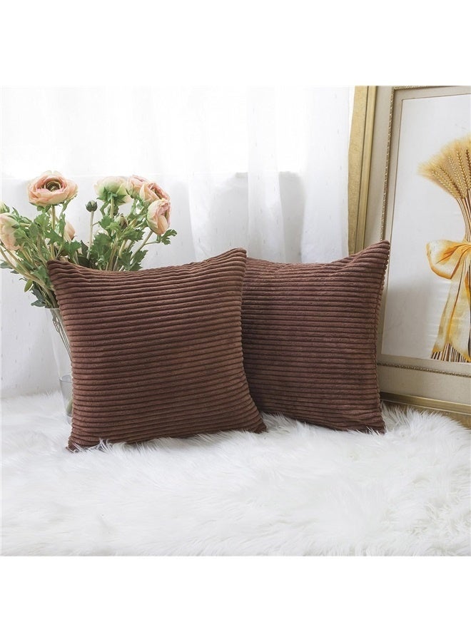 Generic Throw Pillow Covers 18x18 Set of 2 Solid Plush Corduroy Striped Square Cushion Covers Bed Decor, 18x18 inch, Brown - Image 2