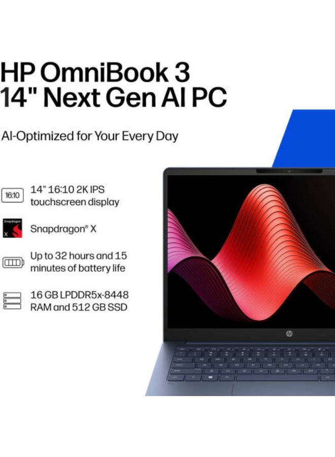 HP OmniBook 3 14-HZ0015DX AI PC Laptop, 14" 2K IPS LED TouchScreen Display, Snapdragon X X1-26-100 Processsor, 16GB LPDDR5 RAM, 512GB SSD, English Keyboard, Window 11, Starlight Blue English blue - Image 3