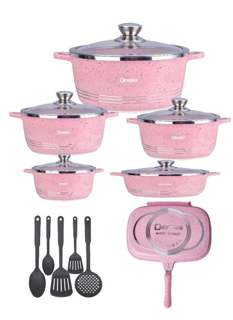 16 Pieces Combo Granite Cookware Set Includes 36cm Double Grill Pan, 10 pcs Casserole Pot Set and Spatula Sets Pink