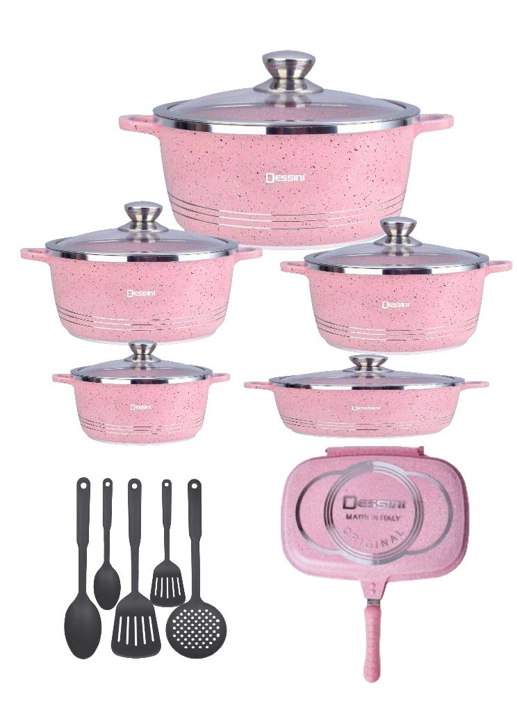 DESSINI - 16 Pieces Combo Granite Cookware Set Includes 36cm Double Grill Pan, 10 pcs Casserole Pot Set and Spatula Sets Pink - Image 1
