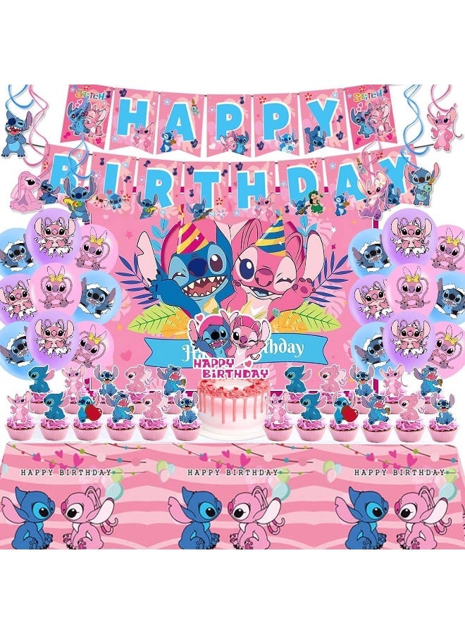 49 PCS Lilo & Stitch Birthday & Party Decoration Set, Lilo & Stitch & Cartoon Party Favor for Kids , Included  Backdrop, Banners, Cake Decoration, Balloons, Tablecolth, Handing Swirls, Cake Topper - Image 1