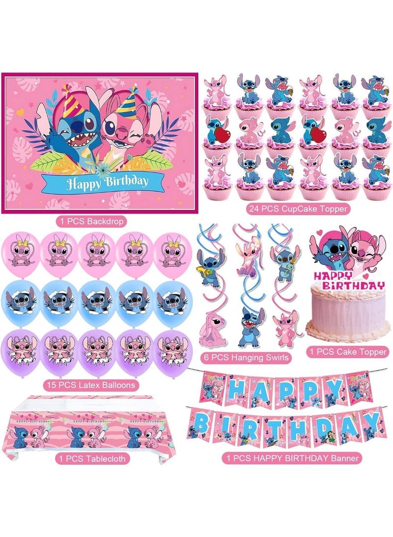 49 PCS Lilo & Stitch Birthday & Party Decoration Set, Lilo & Stitch & Cartoon Party Favor for Kids , Included  Backdrop, Banners, Cake Decoration, Balloons, Tablecolth, Handing Swirls, Cake Topper - Image 2