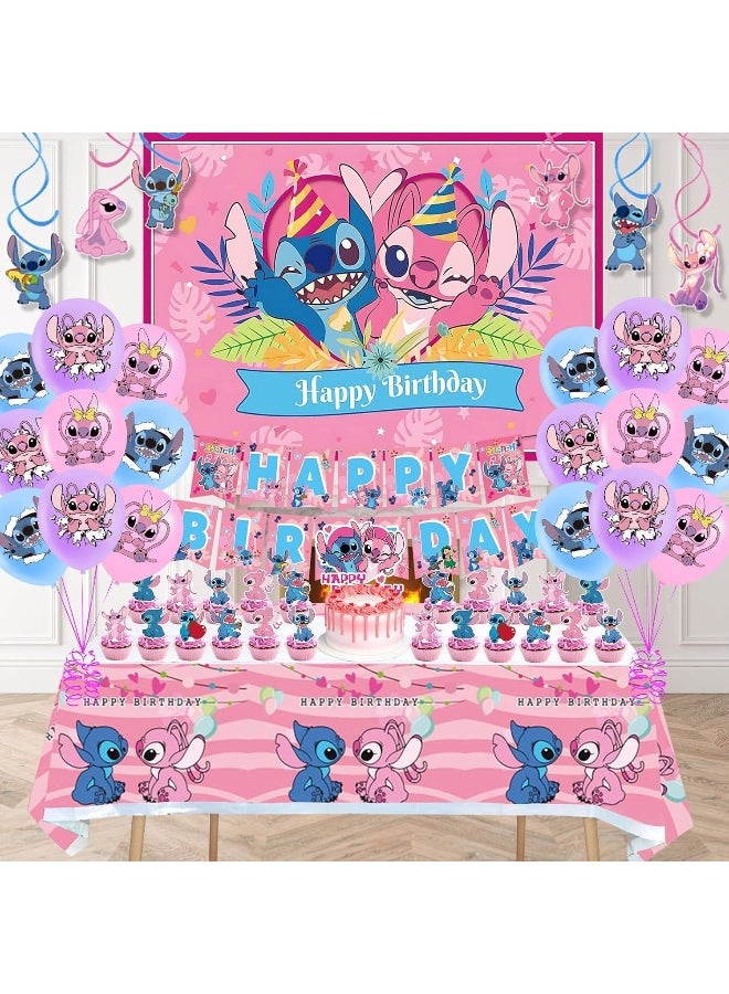 49 PCS Lilo & Stitch Birthday & Party Decoration Set, Lilo & Stitch & Cartoon Party Favor for Kids , Included  Backdrop, Banners, Cake Decoration, Balloons, Tablecolth, Handing Swirls, Cake Topper - Image 5