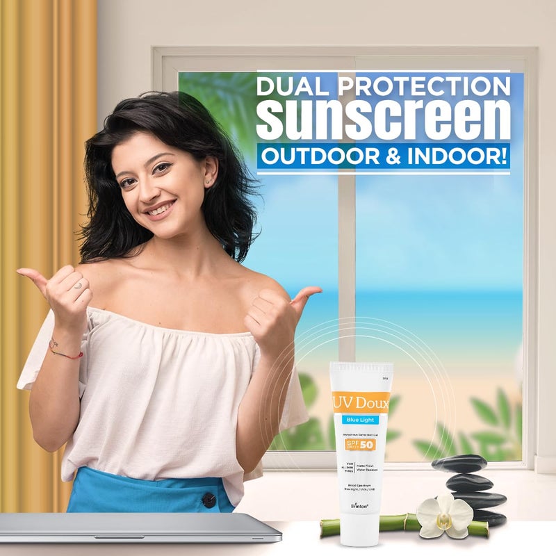 Brinton UV Doux Blue Light Tinted Sunscreen Gel SPF 50 PA Broad Spectrum  Blue Light  UVAUVB Protection  Matte Finish with Sweat  Water Resistant For Men  Women  Dermatologist Approved 50gm - Image 2