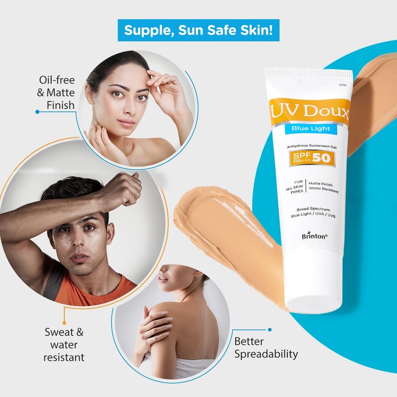 Brinton UV Doux Blue Light Tinted Sunscreen Gel SPF 50 PA Broad Spectrum  Blue Light  UVAUVB Protection  Matte Finish with Sweat  Water Resistant For Men  Women  Dermatologist Approved 50gm - Image 4
