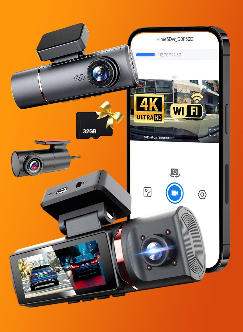 Dansent 4K Dash Cam Ultra HD 3Inch IPS 1080p Interior and Rear Car Road Camera with 32GB card GPS Night Vision G-Sensor ADAS Wi-Fi App Control 24H Parking Monitor Video Recorder - Image 1