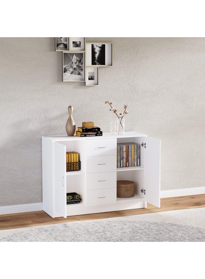 خزانة جانبية من هومكوم مع بابين و4 ادراج، خزانة قائمة بذاتها، منظم خزانة للمطبخ وغرفة المعيشة، لون ابيض - Image 2