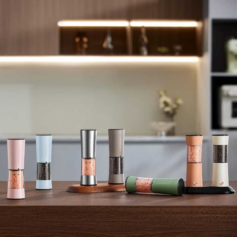 CULINARY FUN Gravity Electric Salt and Pepper Grinder Set with USB-C Charging Base,Rechargeable Automatic Stainless Steel Pepper Mill Grinder with LED Light, 2pack+Peach Orange (Peach Orange +Cream) - Image 2