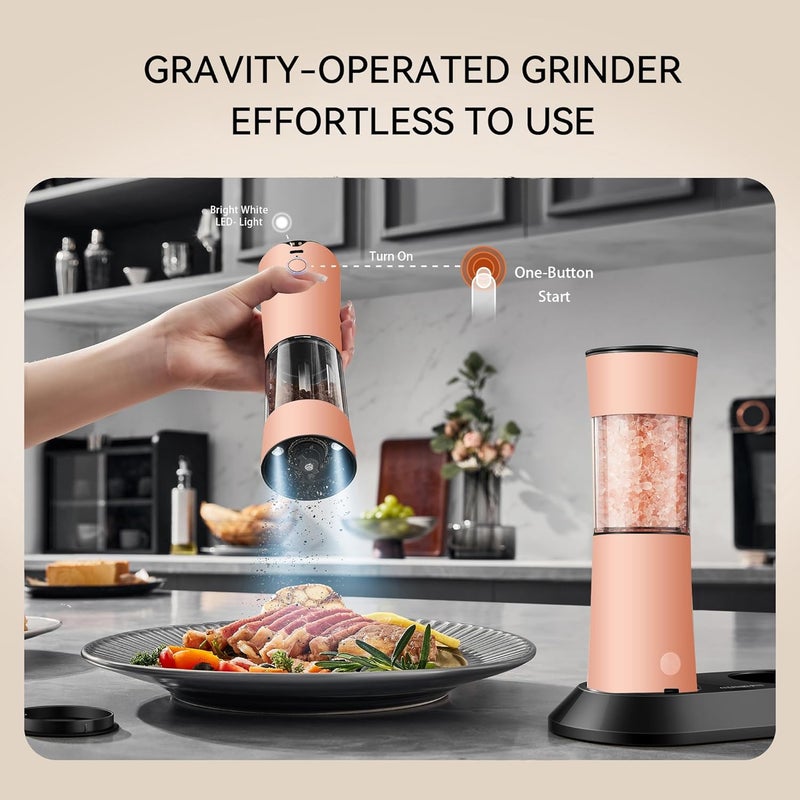 CULINARY FUN Gravity Electric Salt and Pepper Grinder Set with USB-C Charging Base,Rechargeable Automatic Stainless Steel Pepper Mill Grinder with LED Light, 2pack+Peach Orange (Peach Orange +Cream) - Image 5