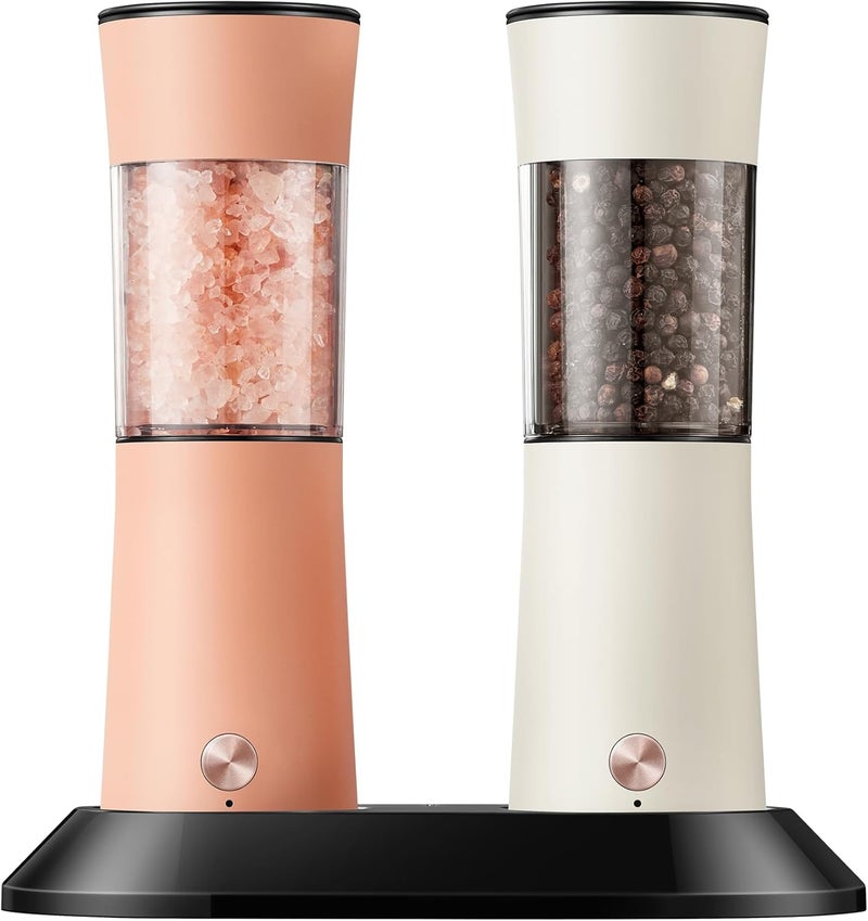 CULINARY FUN Gravity Electric Salt and Pepper Grinder Set with USB-C Charging Base,Rechargeable Automatic Stainless Steel Pepper Mill Grinder with LED Light, 2pack+Peach Orange (Peach Orange +Cream) - Image 1