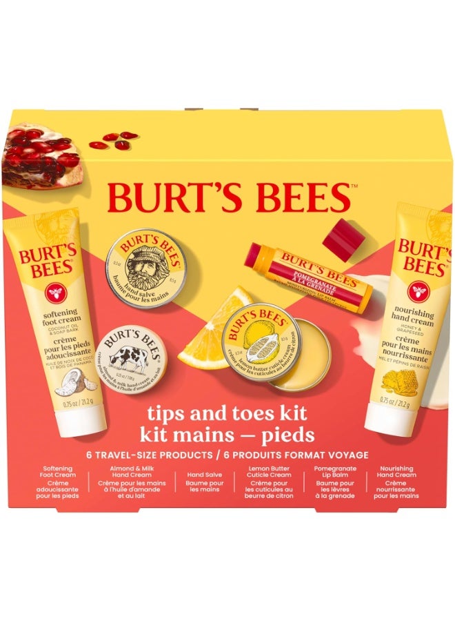 Burt's Bees Christmas Gifts - Tips and Toes Kit, 6 Travel Size Products for Stocking Stuffers - Pomegranate Moisturizing Lip Balm, 2 Hand Creams, Foot Cream, Cuticle Cream, and Hand Salve