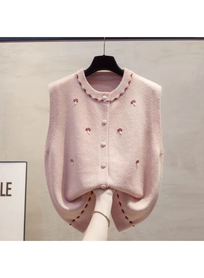 Korean-style Mushroom Embroidery Knitted Vest Cardigan Women's Autumn New Loose Versatile Sweater Sleeveless Top Trendy