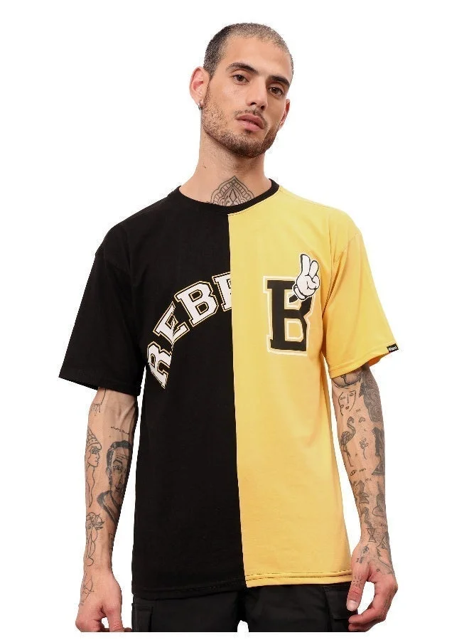 Beyoung Black-Yellow Color Block Oversized T-shirt for Men