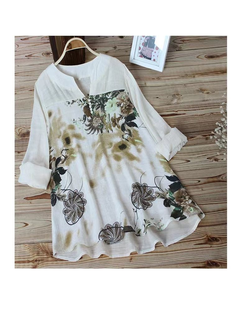 Loquat Women's Fashion Cottonfabric Print Stitching Long Sleeve Blouse 