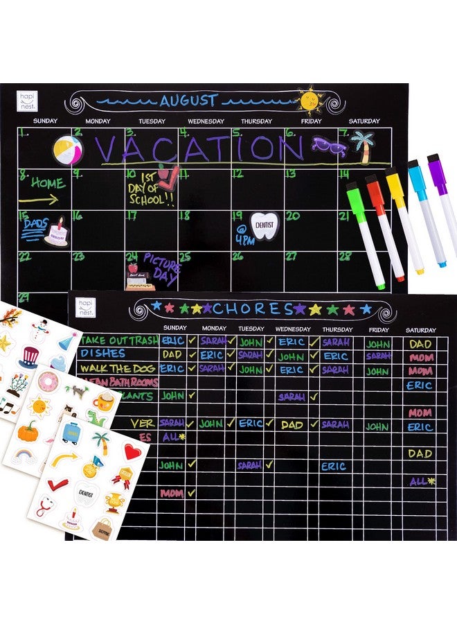 هابينيست لوحة مخططات الأعمال القابلة للمسح الجاف المغناطيسية وتقويم شهري للأطفال والمراهقين والعائلة - عبوتان للثلاجة، 5 أقلام تحديد مع ممحاة علوية، 36 ملصقًا قابلًا لإعادة الاستخدام - Image 1