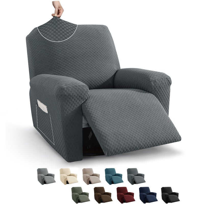 MAXIJIN Recliner Cover Slipcovers for Living Room 4 Pieces Stretch Jacquard Recliner Chair Cover Soft Fitted Recliner Protector with Elastic Bottom for Kids Pets Recliner Dark Gray