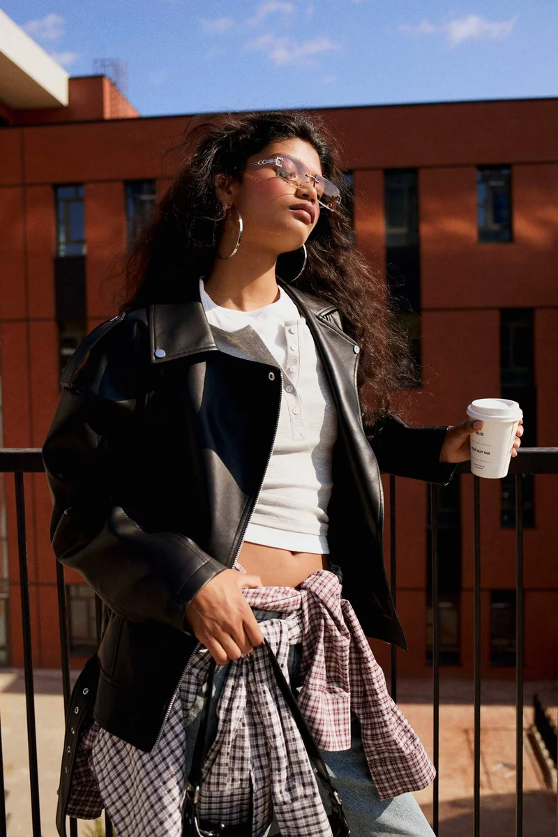 ديفاكتو Oversize Fit Zippered Faux Leather Jacket