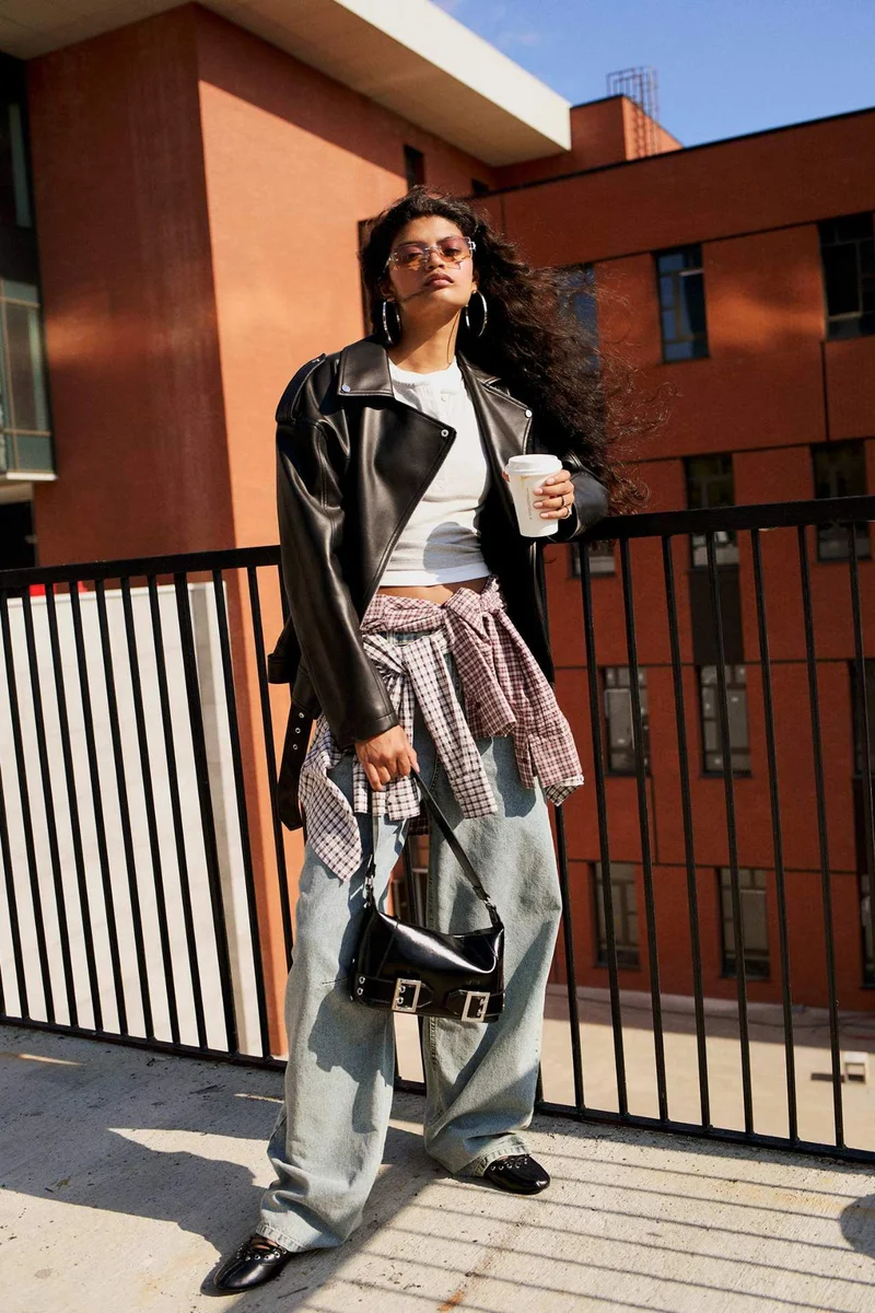 ديفاكتو Oversize Fit Zippered Faux Leather Jacket