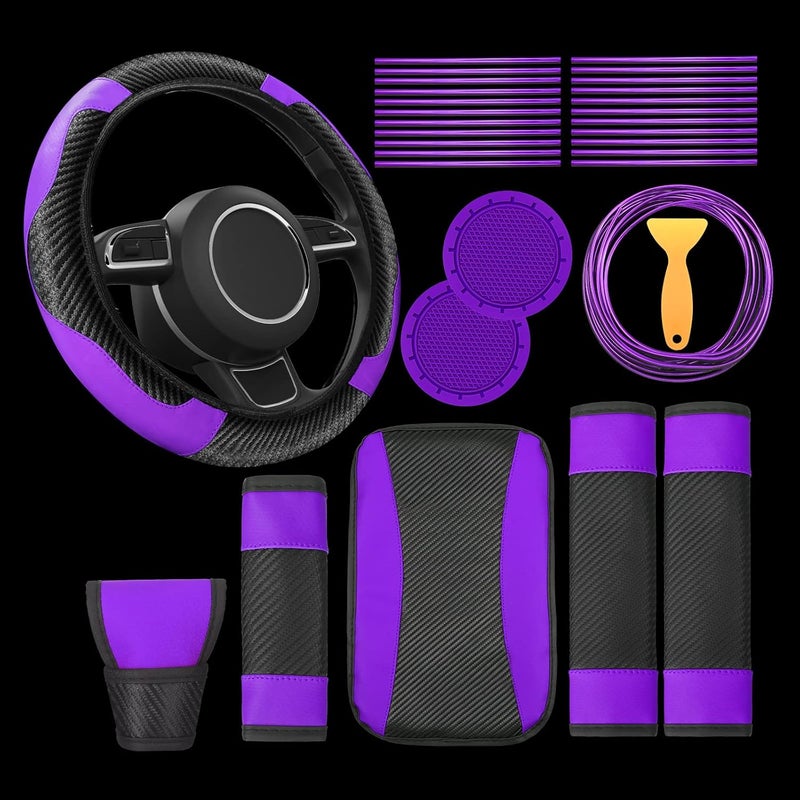 Riakrum 30 Pcs Car Accessories Set Purple and Black PU Leather Steering Wheel Cover Auto Interior Accessories Gift Car Vent Trim Strips Air Conditioner Insert Strips with Installation Tool - Image 1